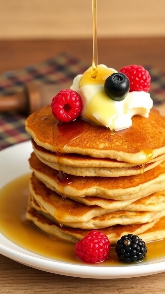 Fluffy oat hotcakes stacked with syrup and berries on a rustic wooden table.